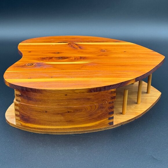 Vintage Heart Shaped Cedar Jewelry Box Mirror Necklace Ring Pegs Handmade Wooden - Picture 4 of 8